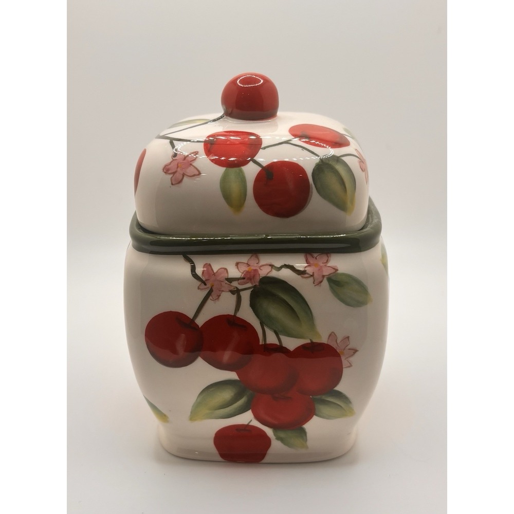 Harry & David 2005 Hand Painted Cherry Ceramic Canister Jar With Lid Cottagecore